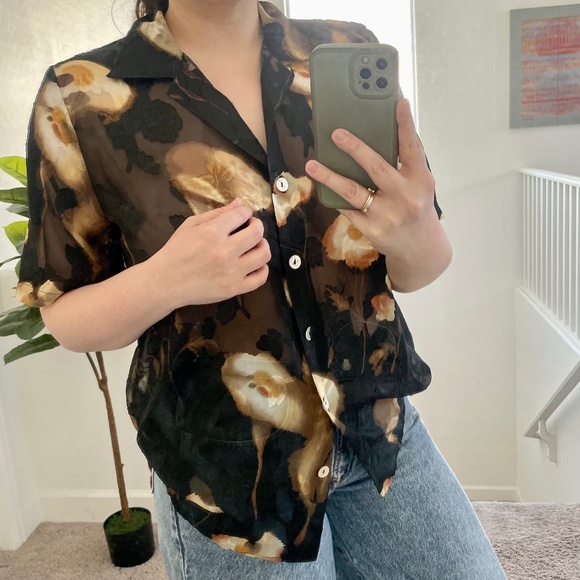 Vintage Like Sheer Mesh Floral Flower Hipster Hippie Boho Bohemian Button Blouse - Picture 1 of 5